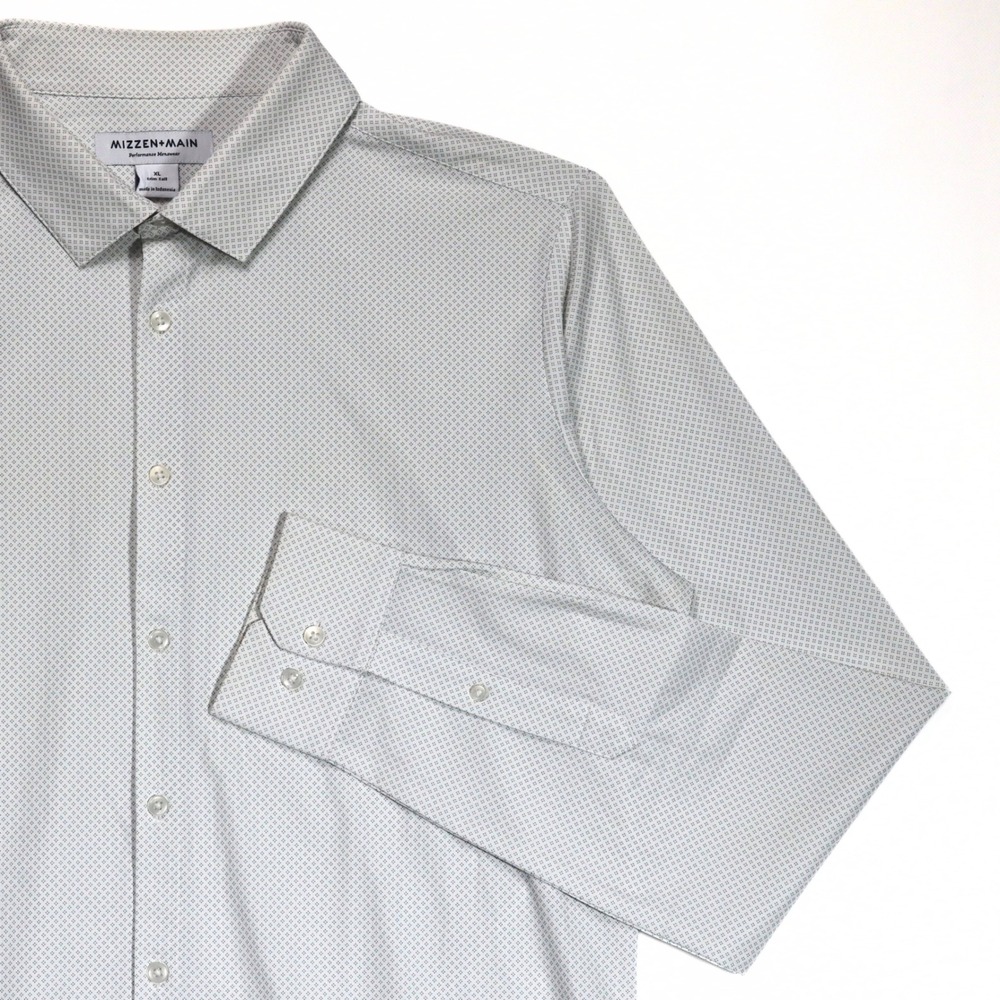 Mizzen+Main Dress Shirt Mens XL White Geometric Performance Trim Tall Business